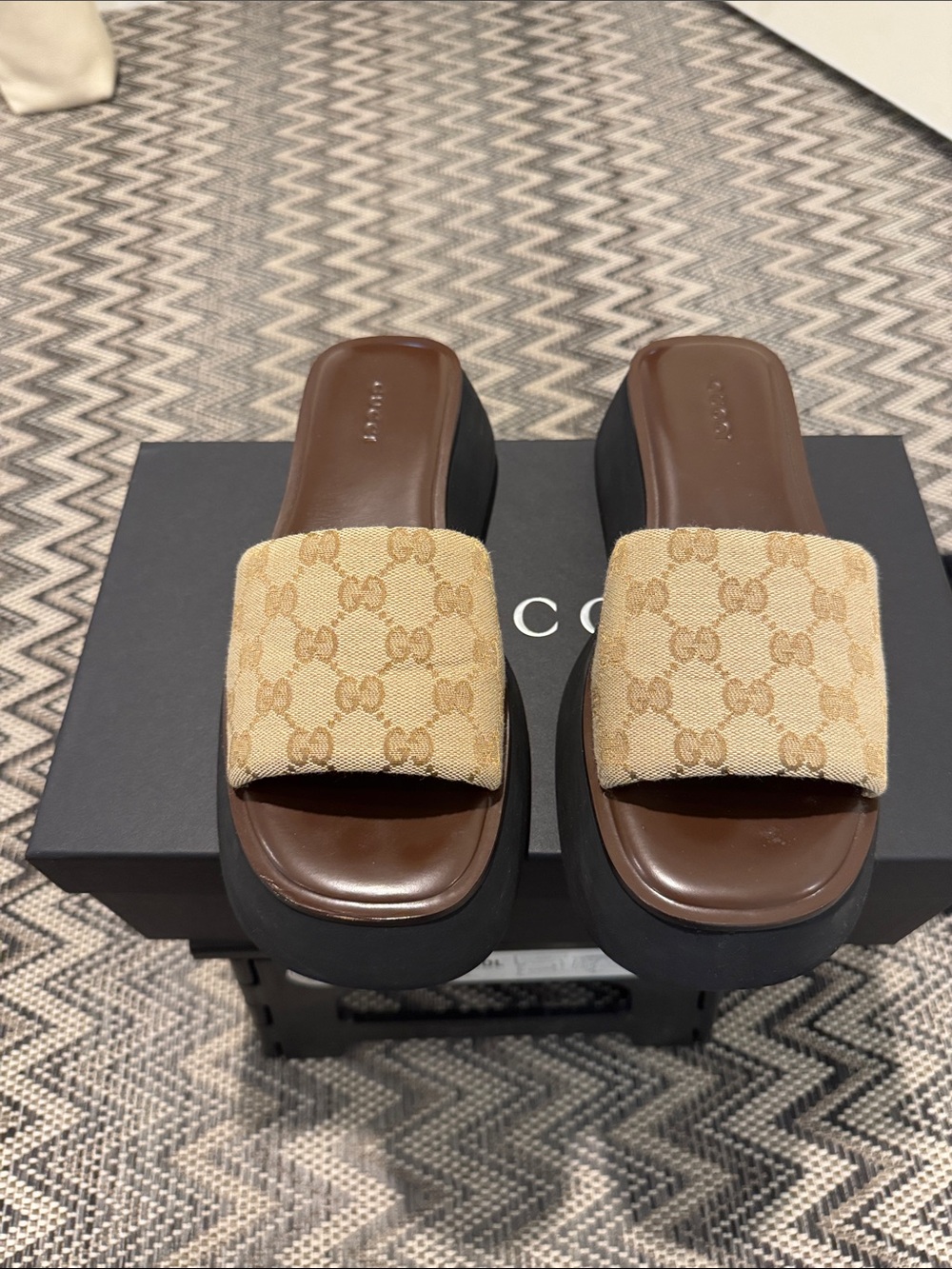 Gucci Beige GG Canvas Platform Slide Mules